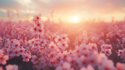 A field of pink flowers is bathed in warm sunlight. The image evokes feelings of peace and tranquility, ideal for backgrounds.