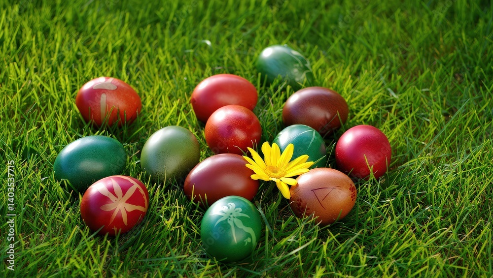 Poster a collection of colorful easter eggs in the grass.