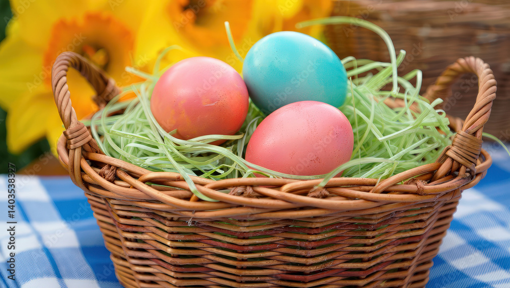 Poster a basket filled with colorful easter eggs on top of a tablecloth.