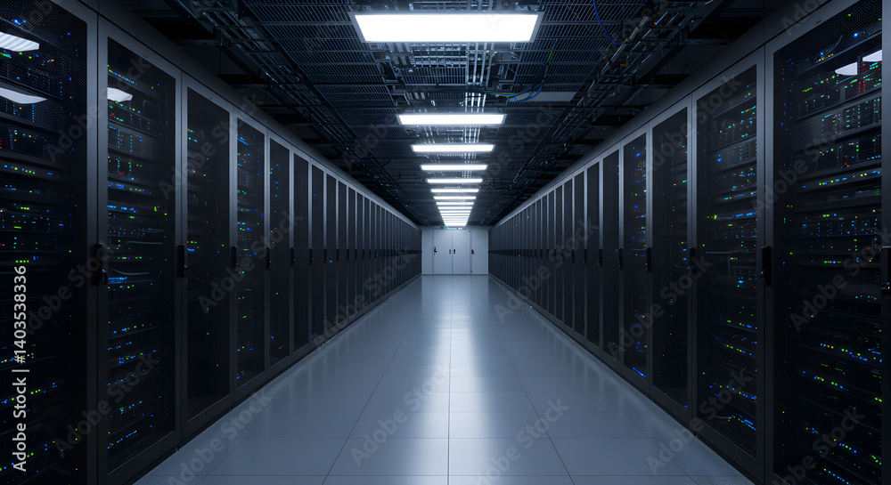 Poster data center server room with rows of rack mounted servers network and modern computer technology