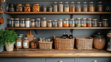 Organized Pantry with Glass Jars and Wooden Shelves