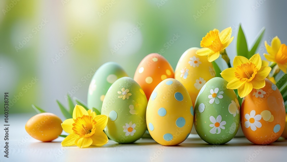Aufkleber A collection of colorful Easter eggs with floral patterns and yellow daffodils in the background.