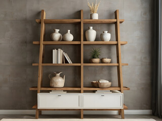 Elegant shelving unit :  A beautifully designed, wooden shelving unit stands in a cozy, modern space, showcasing a curated collection of home decor items, books, and decorative objects. 