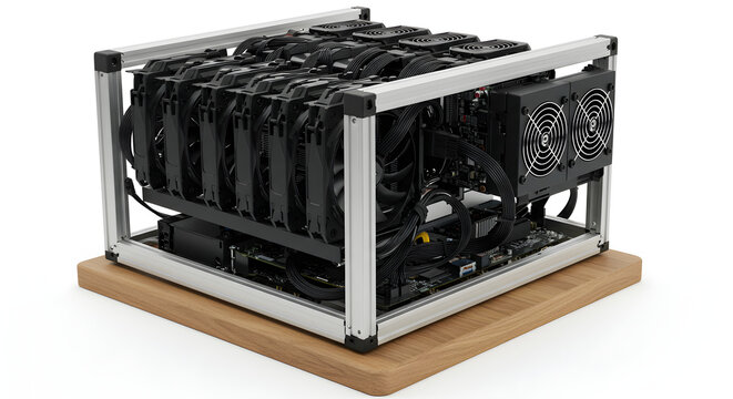 Cryptocurrency Mining Rig with Multiple Graphic Cards on White Background - Powered by Adobe