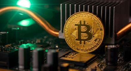 Close Up Shot of Golden Bitcoin on a Computer Motherboard with Green Light Reflection