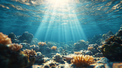 Fototapeta premium Sunbeams pierce a vibrant underwater coral reef.