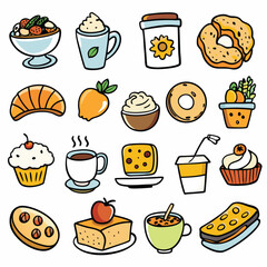 Fototapeta premium Breakfast Icon Collection, Hand Drawn Food and Drink Vector Set