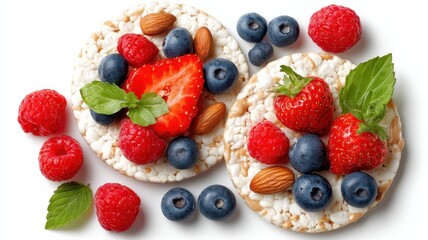 Obraz premium Gluten free meal organic food top view. A vibrant display of rice cakes topped with strawberries, blueberries, raspberries, almonds, and fresh mint leaves, perfect for a healthy snack.