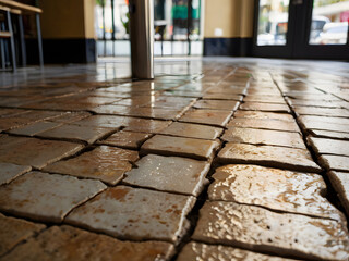 Damaged Tile Floor: A close-up captures the unsettling detail of a cracked tile floor, revealing signs of wear and tear and the effects of time.