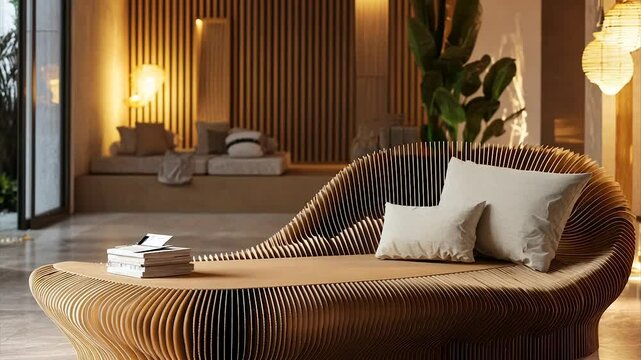 Modern wooden chaise lounge in minimalist living room