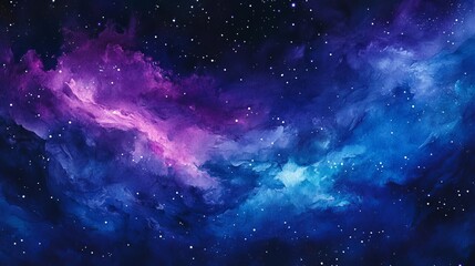 Naklejka premium A vibrant nebula with purple and blue clouds and scattered stars in a dark space background