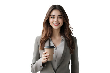 Career woman holding disposable coffee cup in gray blazer and white shirt on transparent background