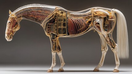Intricate Anatomical Illustration of a Horse: A Stunning Cross-Section Revealing Detailed Internal Structures, Blending Art and Science in a Captivating, Educational Display