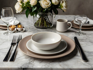 Fototapeta premium Elegant Table Setting with Floral Arrangement: A sophisticated and inviting table setting with a beautiful arrangement of white roses creates an atmosphere of refined dining. A simple setup.