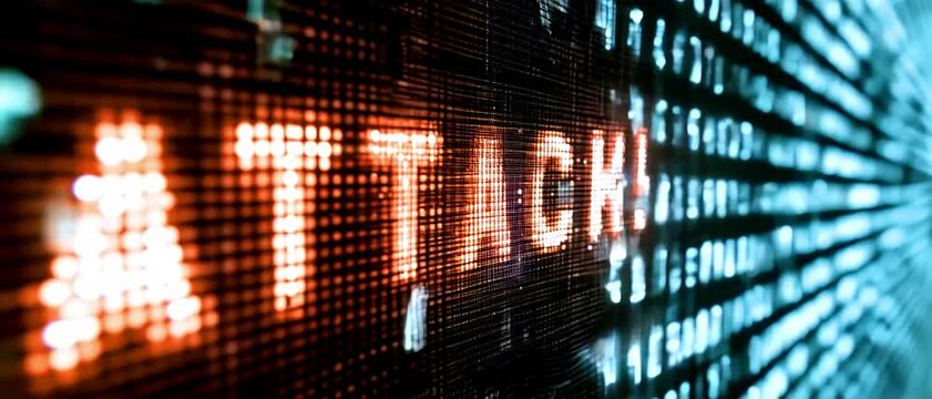 Cyber Attack Alert: "ATTACK!" text flashes on digital code screen background. Hacking, security breach warning concept. Seamless loop 4K video animation