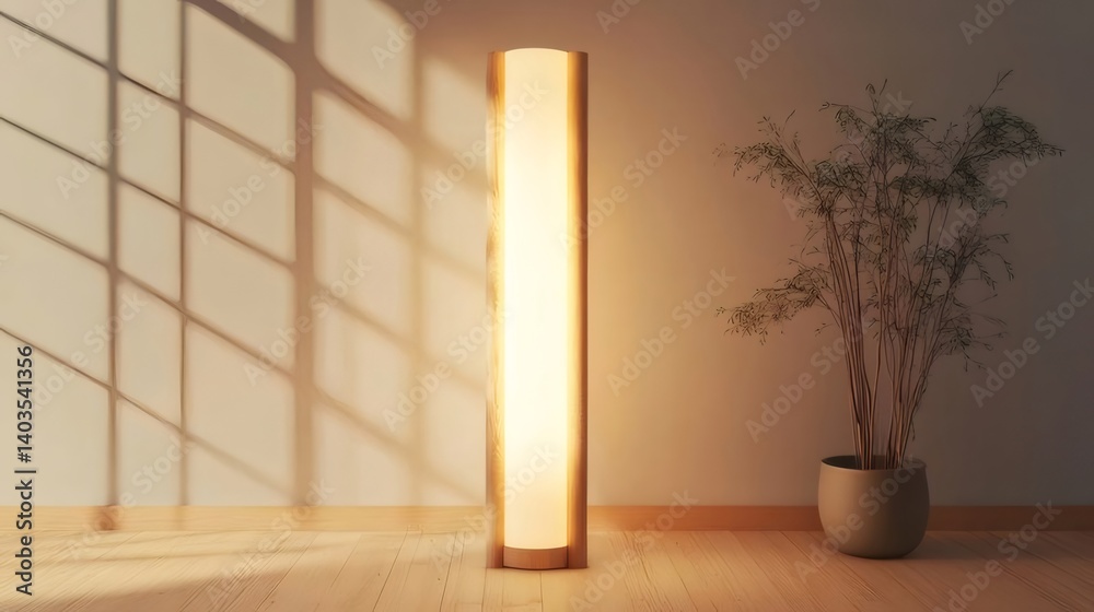 Poster 温かみのある光を放つモダンな照明器具 木と壁の影が作り出すシンプルで洗練された空間