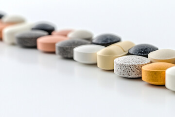 Vitamins organized in a row showcasing diverse shapes and colors for daily health routines