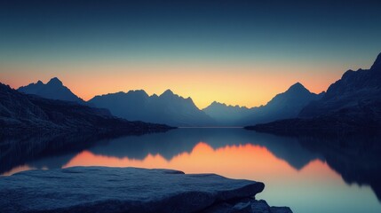 Sunset over tranquil lake surrounded by majestic mountains