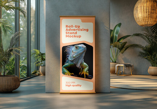 Elegant Indoor Roll-Up Mockup with Iguana Design &mdash; Vertical Advertising Banner for Branding & Marketing Display