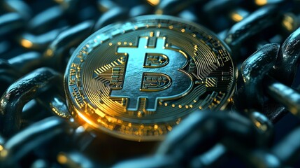 Close up of a bitcoin coin resting on a metal chain with a dark and moody background lighting effect