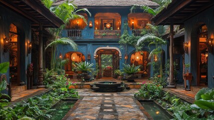 Obraz premium Serene Tropical Courtyard: A Luxurious Asian Estate