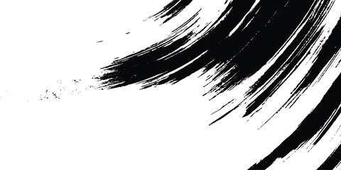 A stroke of black paint on a white background. Black brush stroke on transparent white background. A long, hand-drawn paintbrush stripe in dirty black ink, isolated on a rough, distressed background. 