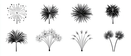 A dynamic and vibrant composition of abstract firework icons in a high-contrast black and white palette, creating a captivating and celebratory visual display.