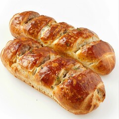 Two long loaves of bread, filled with savory ingredients, topped with melted cheese and seasonings