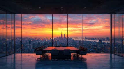 Plakat Manhattan Sunset Boardroom: A breathtaking view of the NYC skyline at sunset from a modern boardroom.