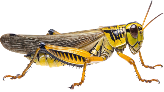 Striking Yellow Grasshopper:  Close-up macro photograph showcasing a striking yellow grasshopper with detailed black stripes, captured in profile on a white background.