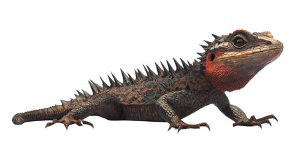 Obraz premium Eastern Water Dragon: A striking Eastern Water Dragon, showcasing its vibrant red throat and spiky dorsal crest, poses against a clean background. 