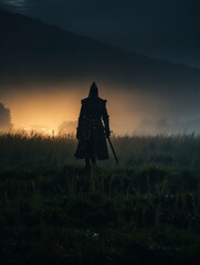 Naklejka premium Solitary Figure in a Foggy Field at Night