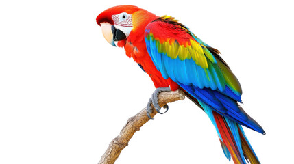 Fototapeta premium Parrot's Colorful Perch: A vibrant macaw with its striking array of red, blue, yellow, and green feathers perches serenely on a branch. a vibrant display of nature's artistry.