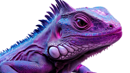 Purple Iguanian Fantasy: A vibrant, digitally enhanced portrait of an iridescent purple iguana, its scales shimmering with fantastical hues.