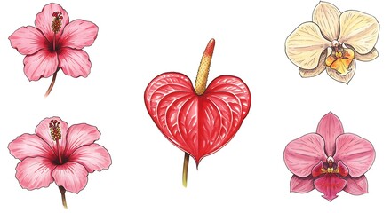 Fototapeta premium Botanical Precision: A Hand-Drawn Floral Quintet AI Generated