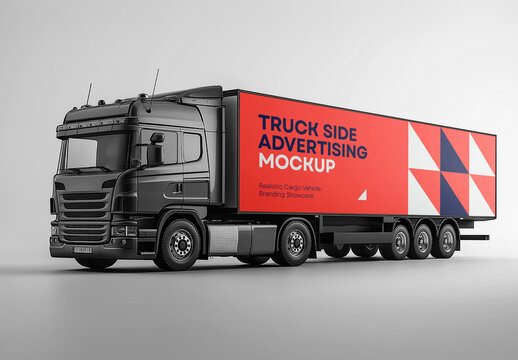 High-Resolution Truck Side Advertising Mockup Featuring Red Geometric Branding &mdash; Photorealistic Commercial Cargo Vehicle Template for Outdoor Promotion and Business Marketing