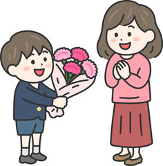母の日に、カーネーションの花束を母親にプレゼントする、小学生の男の子（線画カラー）のイラスト