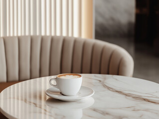 White Cup of Cappuccino on a Marble Table in a Cafe.