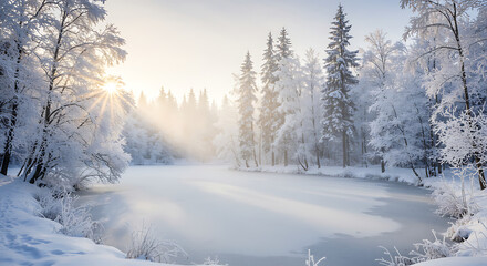 Obraz premium Frozen Sunrise Embrace AI Generated