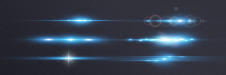 Set of blue horizontal glow effects resembling stars or suns with radiant highlights. Features light energy explosions and flares. Vector artwork ideal for digital, abstract, or futuristic designs.
