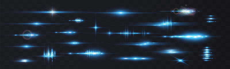 Set of blue horizontal glow effects resembling stars or suns with radiant highlights. Features light energy explosions and flares. Vector artwork ideal for digital, abstract, or futuristic designs.
