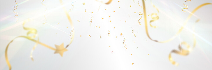 Gold confetti celebration background, festive shiny ribbons and stars, soft light pastel glow.
