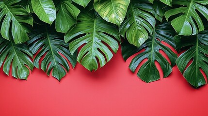 Fototapeta premium Vibrant Tropical Leaf Border on Red Background