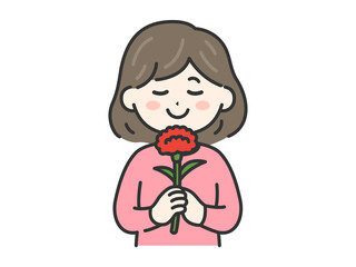 母の日に、カーネーションをプレゼントされた、女性（線画カラー）のイラスト