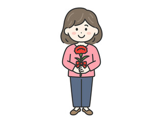 母の日に、カーネーションをプレゼントされた、女性（線画カラー）のイラスト