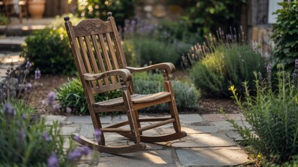 Obraz premium A solitary chair basks in soft sunlight, surrounded by lush greenery, evoking tranquility and quiet reflection. 