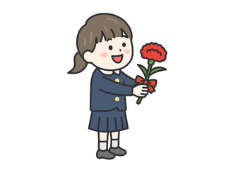 母の日に、カーネーションをプレゼントする、小学生の女の子（線画カラー）のイラスト