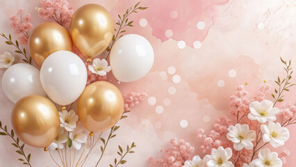 Elegant balloons and flowers create festive atmosphere, perfect for celebrations and special occasions. soft pink background enhances beauty