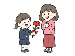 母の日に、カーネーションを母親にプレゼントする、小学生の女の子（線画カラー）のイラスト