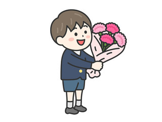 母の日に、カーネーションの花束をプレゼントする、小学生の男の子（線画カラー）のイラスト